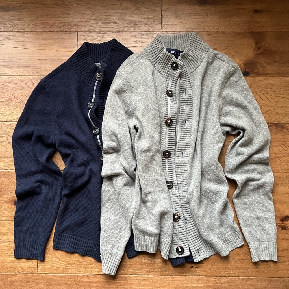 Lot of 2 Wool Cardigans from Fisher + Baker Orig $378 each Navy and Grey